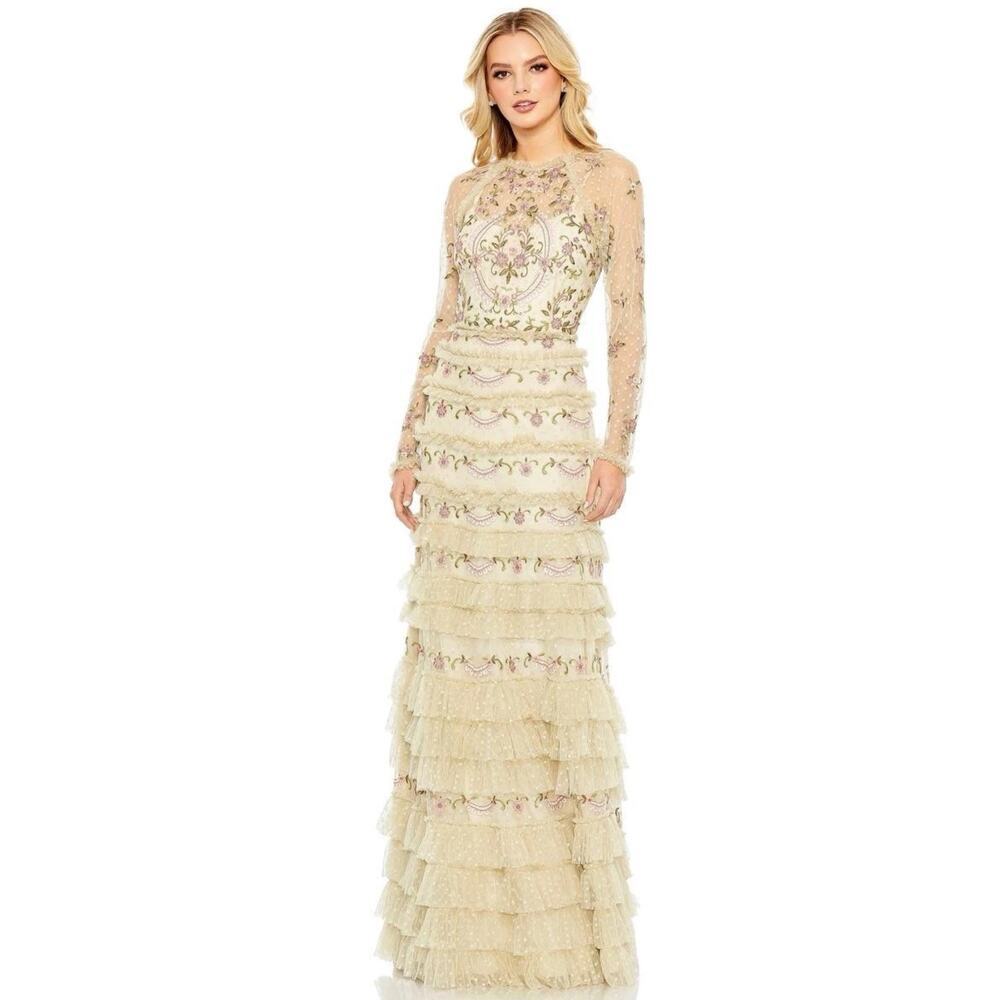 Mac Duggal Mesh Polka Dot Long Sleeve Floral Ruffle Tiered Maxi Gown 10 NWT